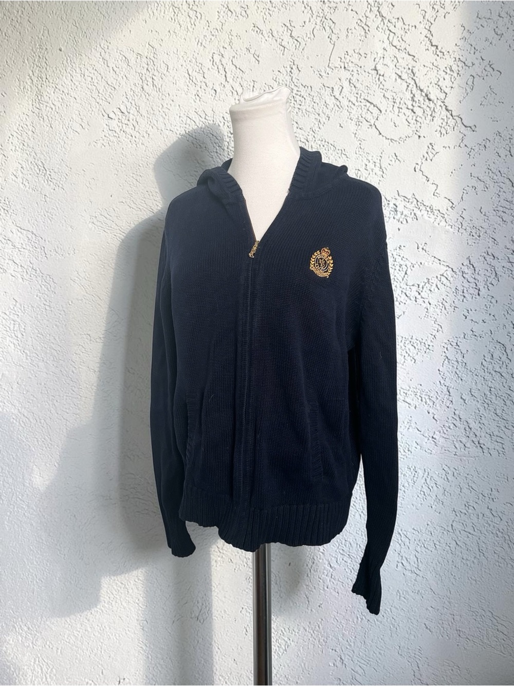 Ralph Lauren Navy Zip-Up Knit Hoodie Sweater | Crest Logo Preppy Quiet Luxury M